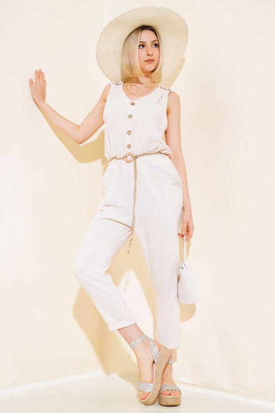 Wooden Buttoned Linen Overalls Stone