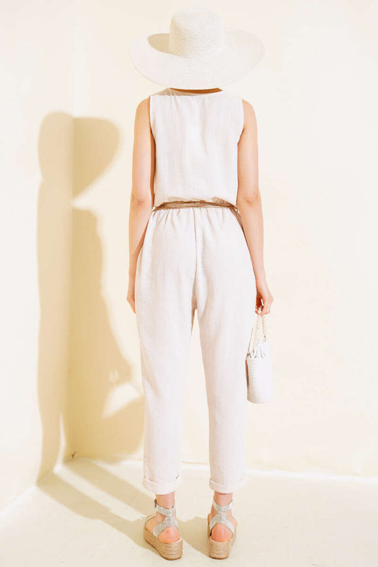 Wooden Buttoned Linen Overalls Stone
