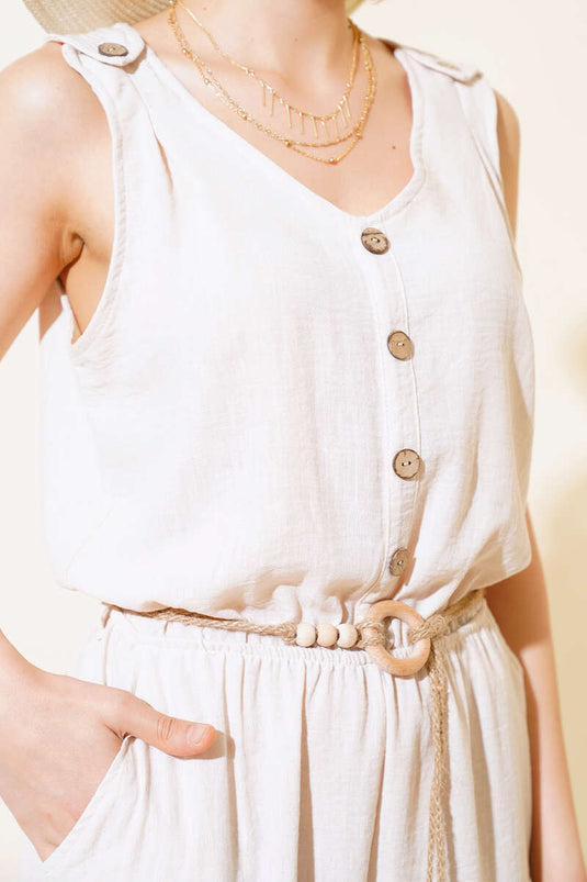 Wooden Buttoned Linen Overalls Stone