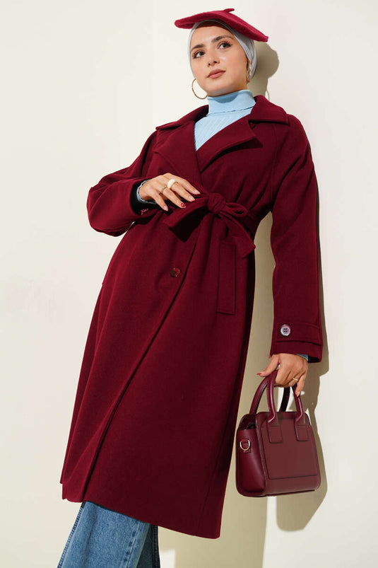 Burgundy Wooden-Buttoned Double-Breasted Kaşe Overcoat