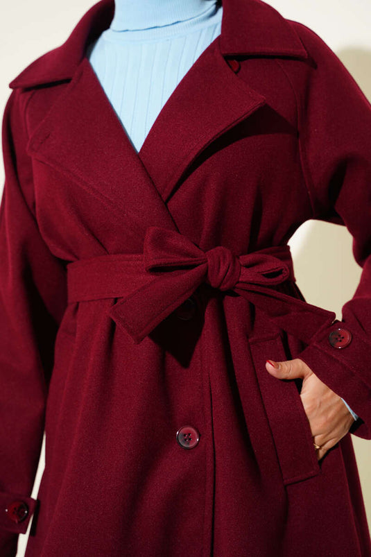 Burgundy Wooden-Buttoned Double-Breasted Kaşe Overcoat