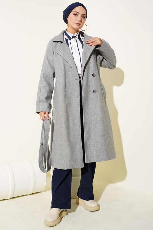 معطف تيد رمادي برقبة متقاطعة بأزرار خشبية