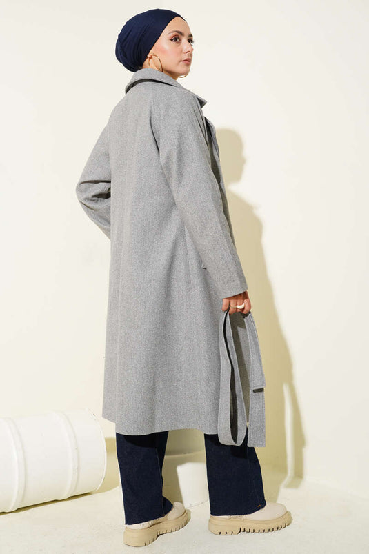 معطف تيد رمادي برقبة متقاطعة بأزرار خشبية