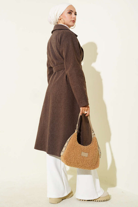 Tahta Düğmeli Kruvaze Yaka Kaşe Kaban Kahve