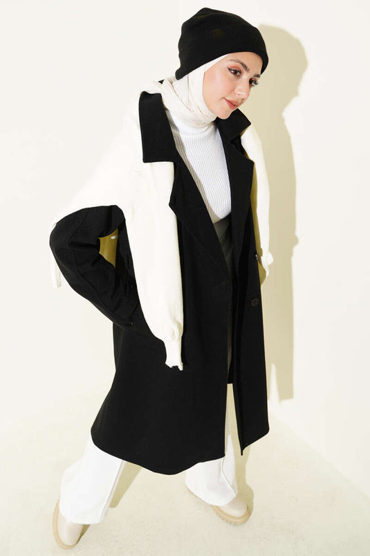 Tahta Düğmeli Kruvaze Yaka Kaşe Kaban Siyah