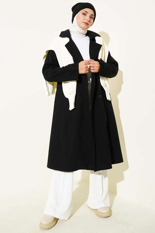 Tahta Düğmeli Kruvaze Yaka Kaşe Kaban Siyah