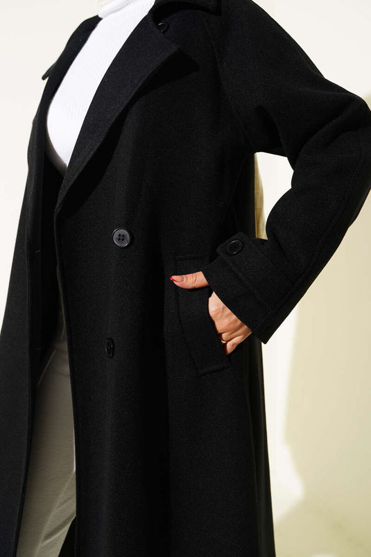 Tahta Düğmeli Kruvaze Yaka Kaşe Kaban Siyah