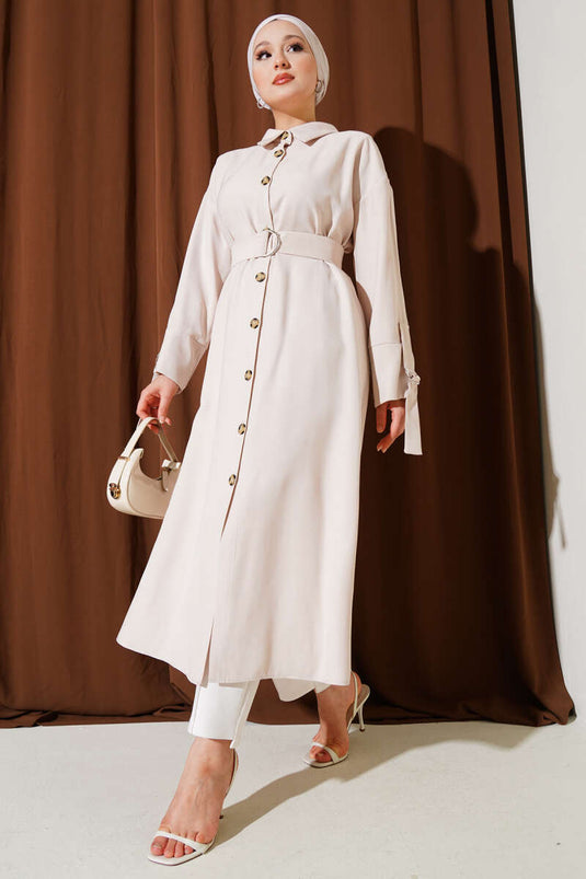 Wooden Buttoned Belted Tencel Long Shirt Beige