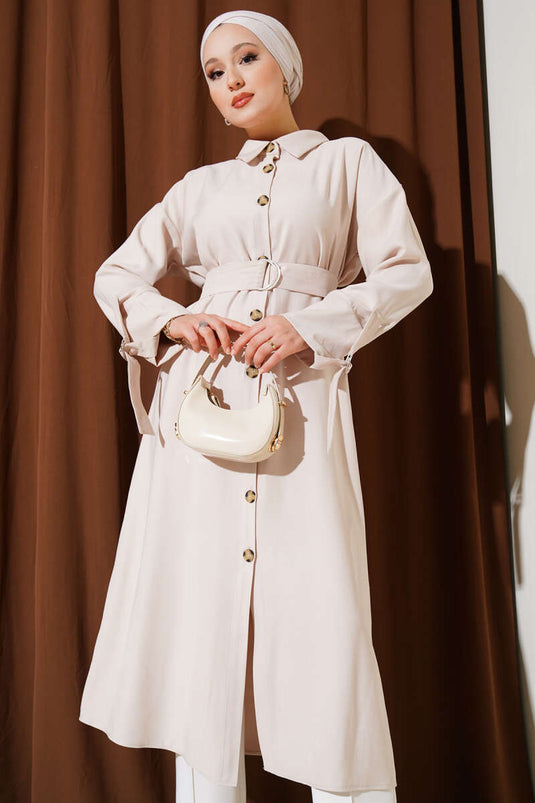 Wooden Buttoned Belted Tencel Long Shirt Beige