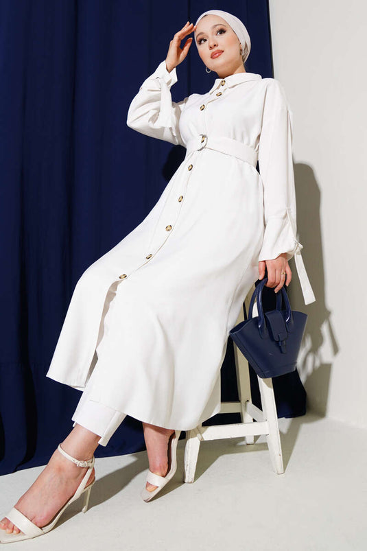 Tencel Longshirt mit Holzknöpfen und Gürtel Weiß