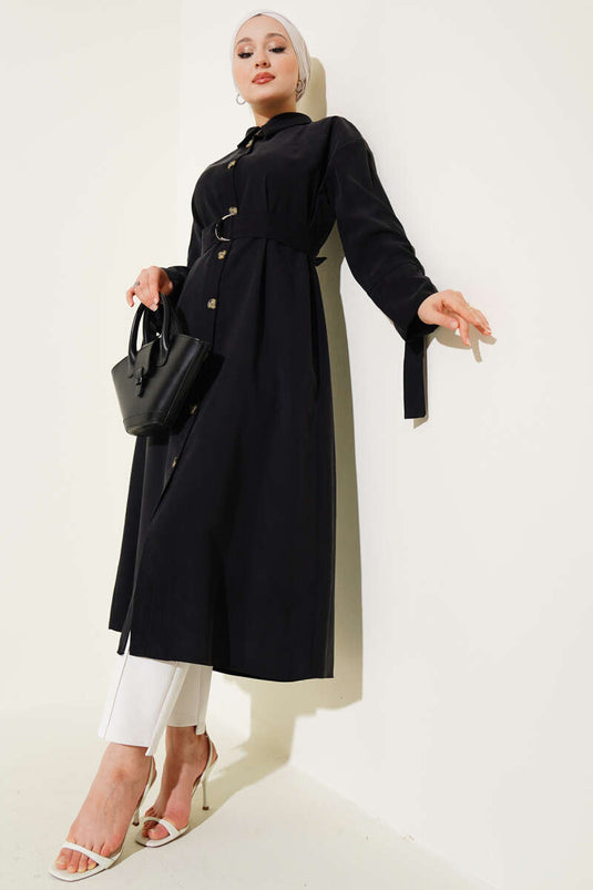 Tahta Düğmeli Kuşaklı Tensel Uzun Gömlek Siyah