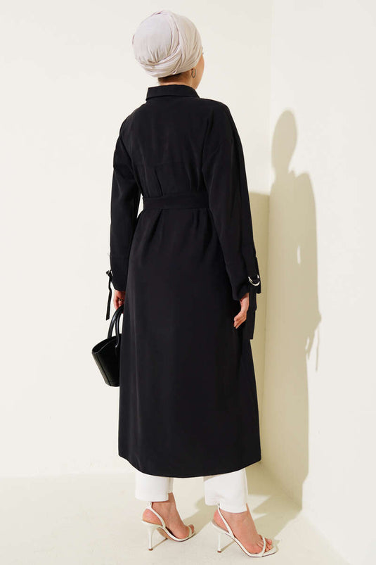 Tahta Düğmeli Kuşaklı Tensel Uzun Gömlek Siyah