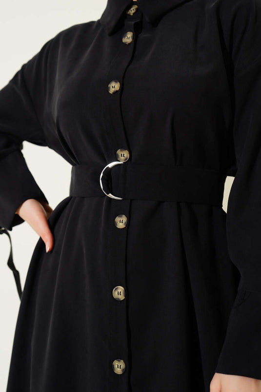 Tahta Düğmeli Kuşaklı Tensel Uzun Gömlek Siyah