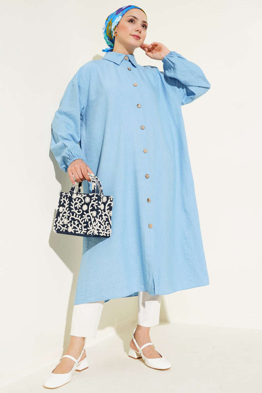 Tahta Düğmeli Uzun Tunik Bebe Mavi