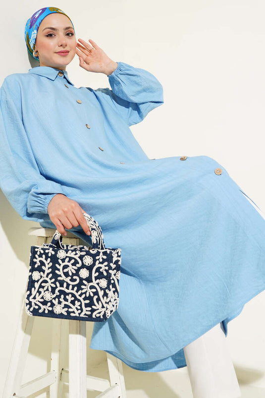 Tahta Düğmeli Uzun Tunik Bebe Mavi