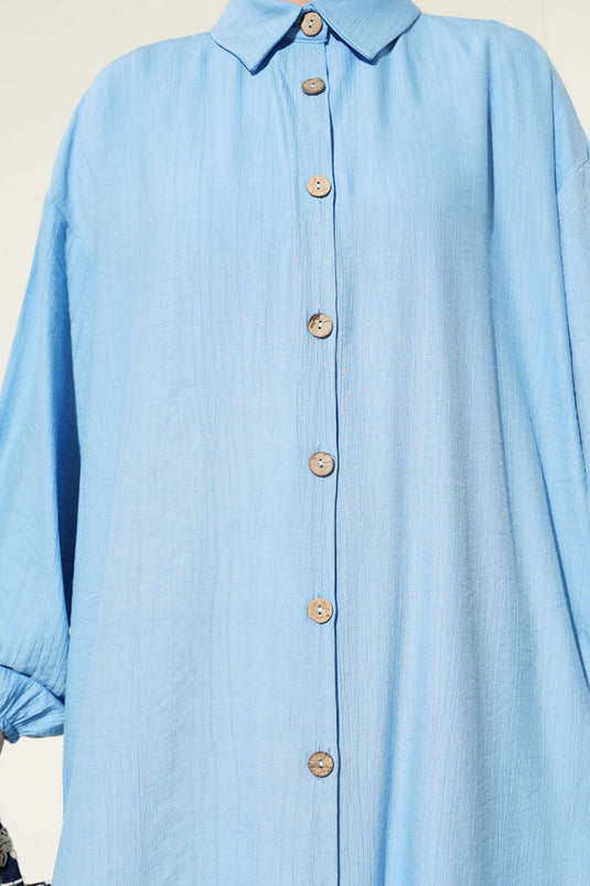 Tahta Düğmeli Uzun Tunik Bebe Mavi