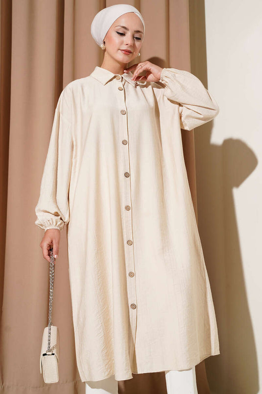 Tahta Düğmeli Uzun Tunik Bej