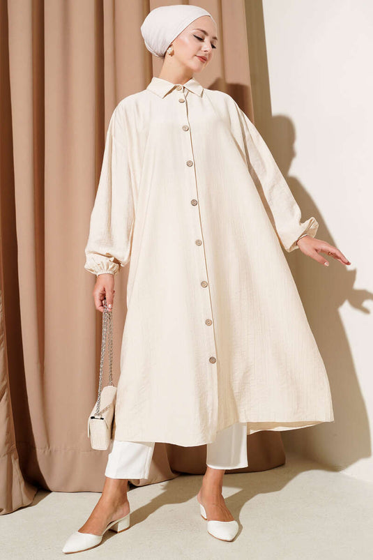 Tahta Düğmeli Uzun Tunik Bej