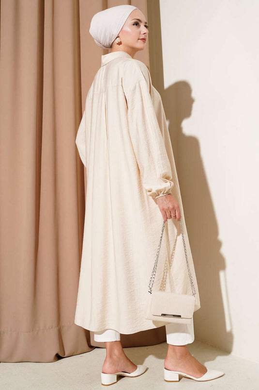 Tahta Düğmeli Uzun Tunik Bej