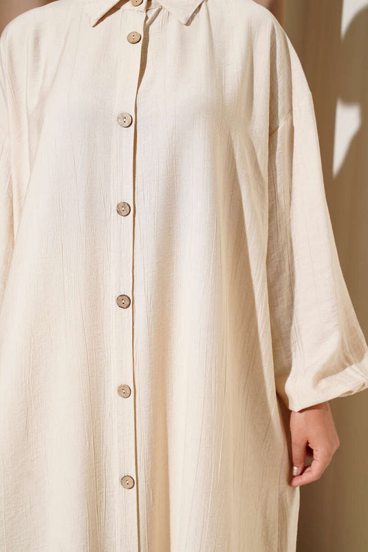 Tahta Düğmeli Uzun Tunik Bej