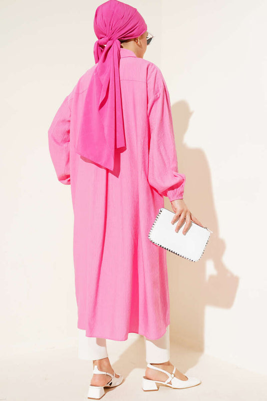 Tahta Düğmeli Uzun Tunik Pembe