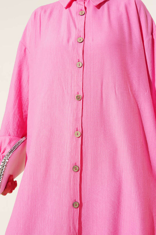 Tahta Düğmeli Uzun Tunik Pembe