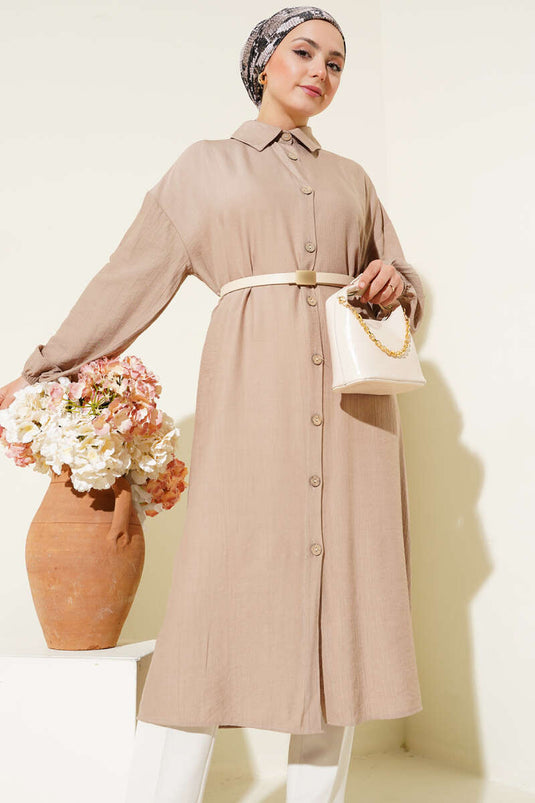 Tahta Düğmeli Uzun Tunik Vizon