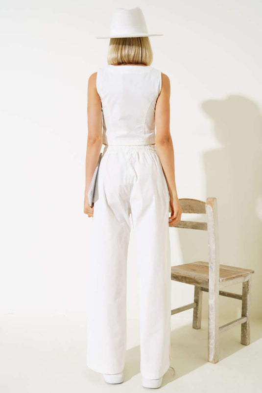 Wooden Buttoned Vested Two Piece Suit Ecru