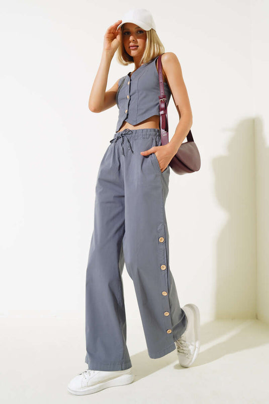 Tahta Düğmeli Yelekli İkili Takım Füme