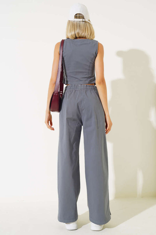 Tahta Düğmeli Yelekli İkili Takım Füme