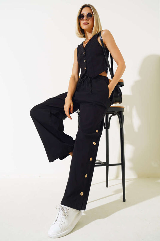 Two Piece Suit with Wooden Buttons and Vest, Black