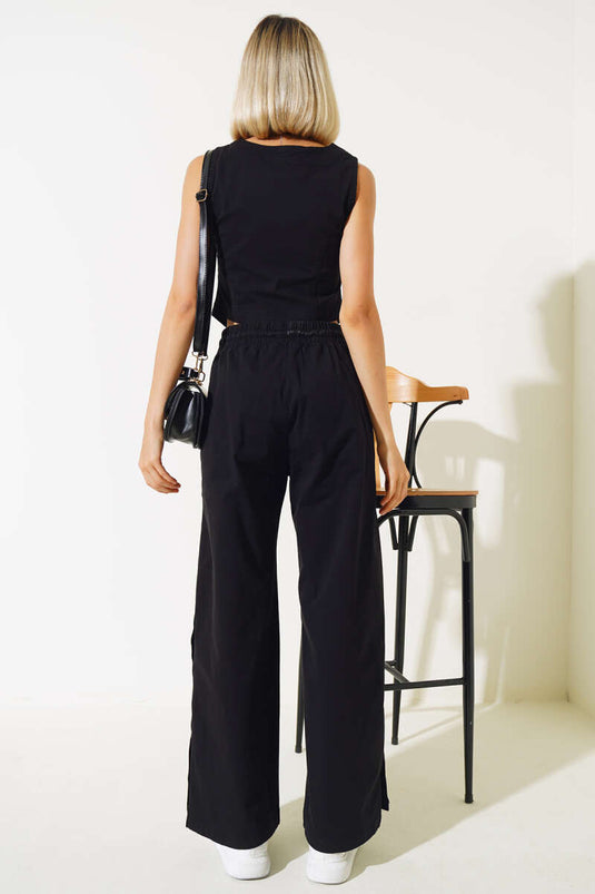 Two Piece Suit with Wooden Buttons and Vest, Black