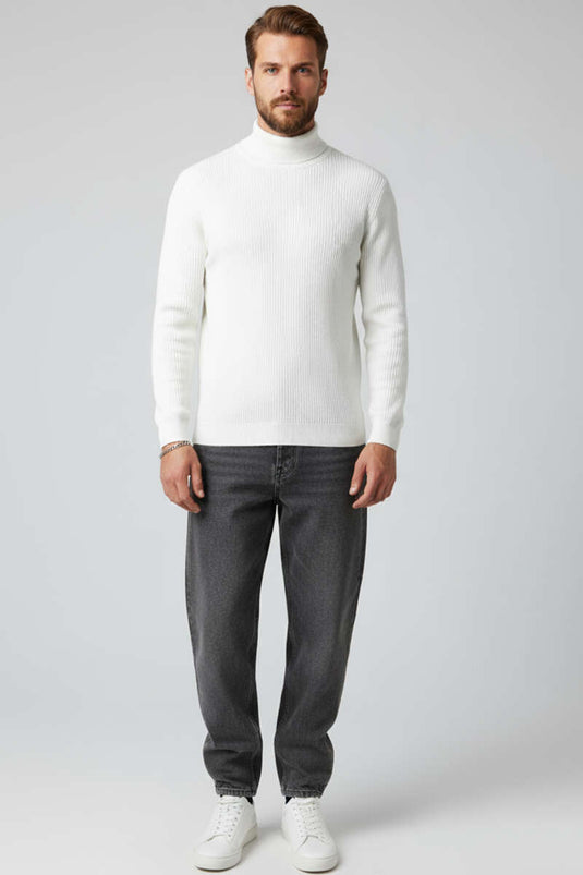 Full Turtleneck Knit Men's Sweater, Ecru