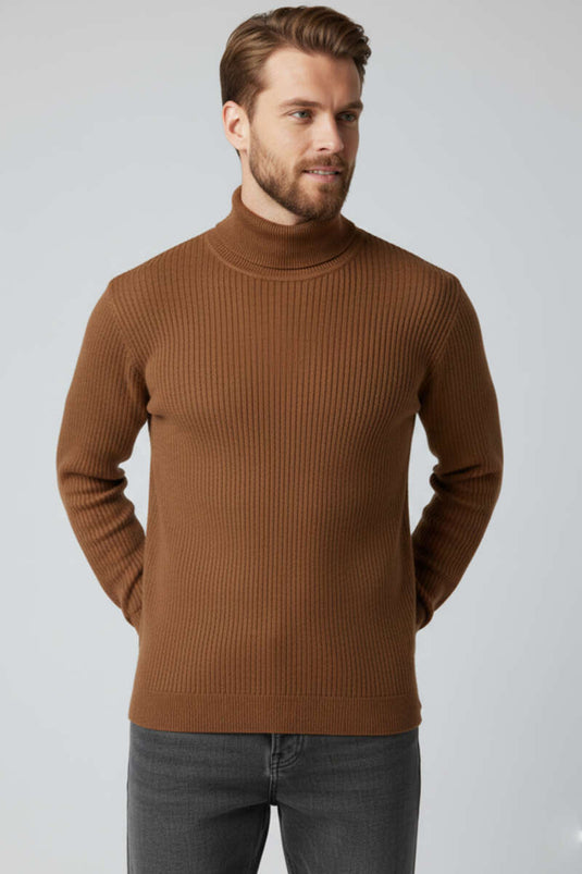 Tam Balıkçı Yaka Triko Erkek Kazak Kahve