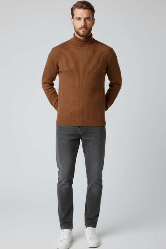 Tam Balıkçı Yaka Triko Erkek Kazak Kahve