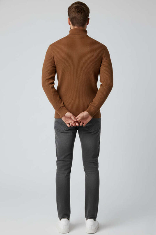 Tam Balıkçı Yaka Triko Erkek Kazak Kahve