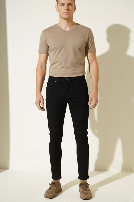 Tapered Fit Dar Paça Erkek Kot Pantolon Siyah