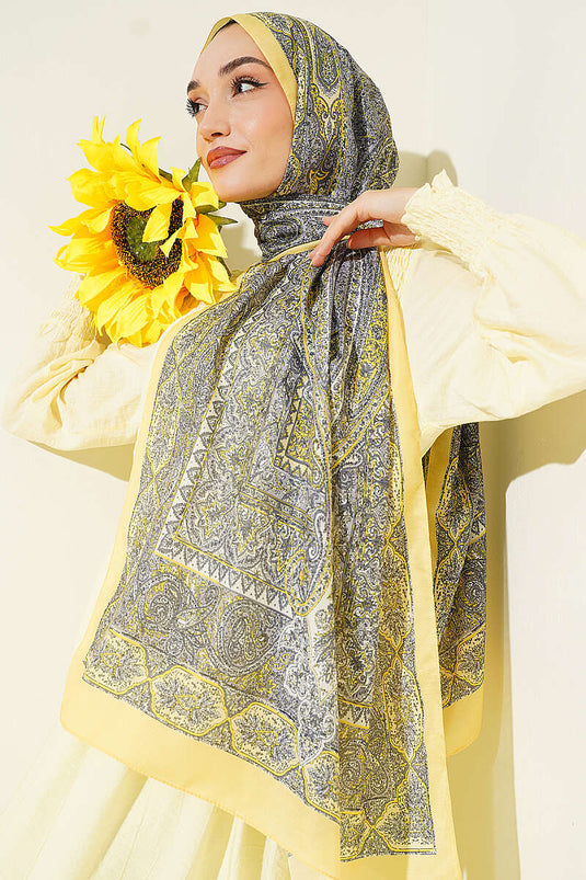 Tarihi Vintage Desen Soft Şal Sarı