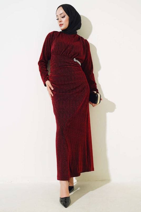Glittery Dress with Stone Accessories, Burgundy