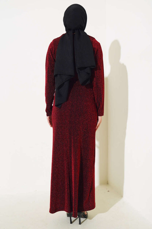 Glittery Dress with Stone Accessories, Burgundy