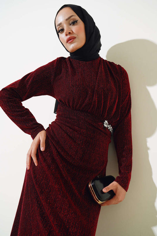 Glittery Dress with Stone Accessories, Burgundy