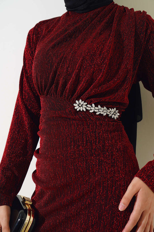 Glittery Dress with Stone Accessories, Burgundy