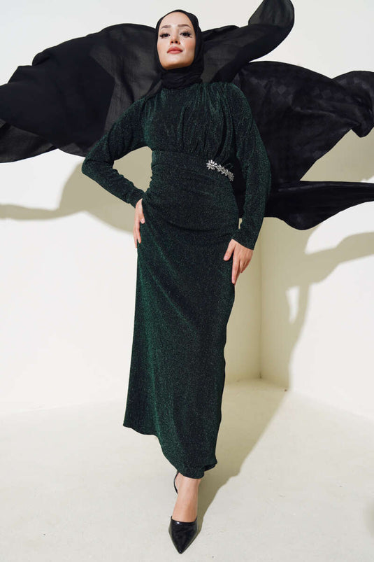Glittery Dress with Stone Accessories Emerald