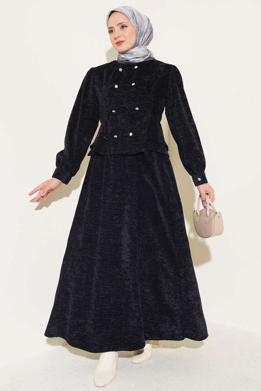 Blue Stone Button Skirted Two-Piece Set