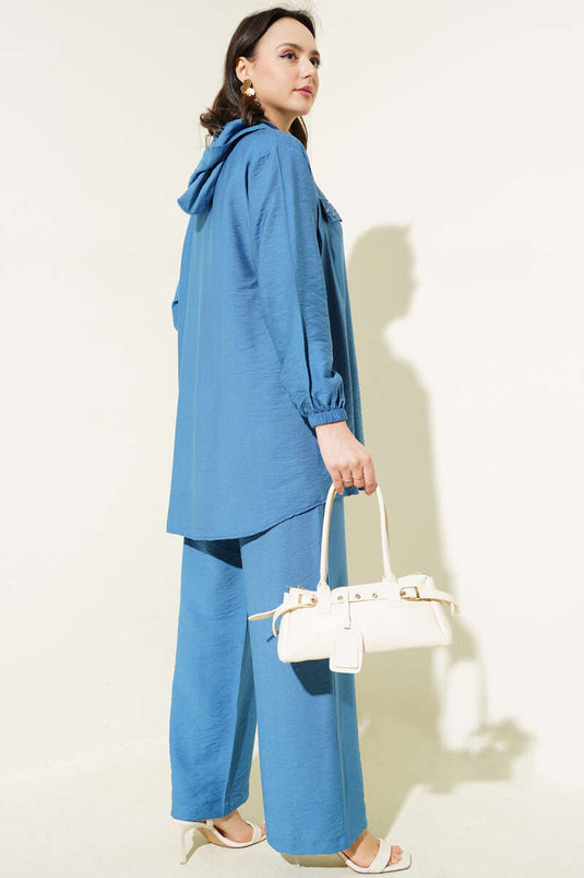 طقم ثنائي من التونيك بجيب حجري وغطاء باللون النيلي