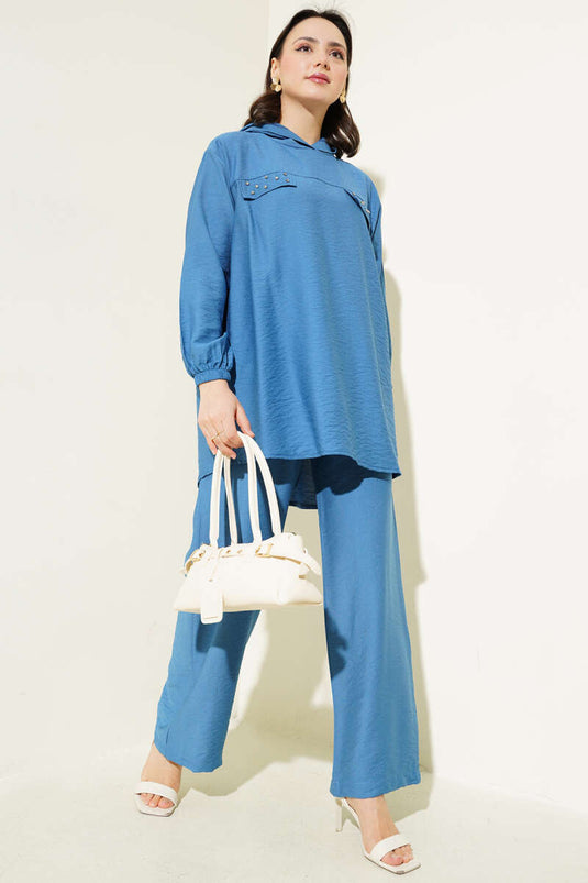 Taş Cep Kapaklı Tunik İkili Takım İndigo