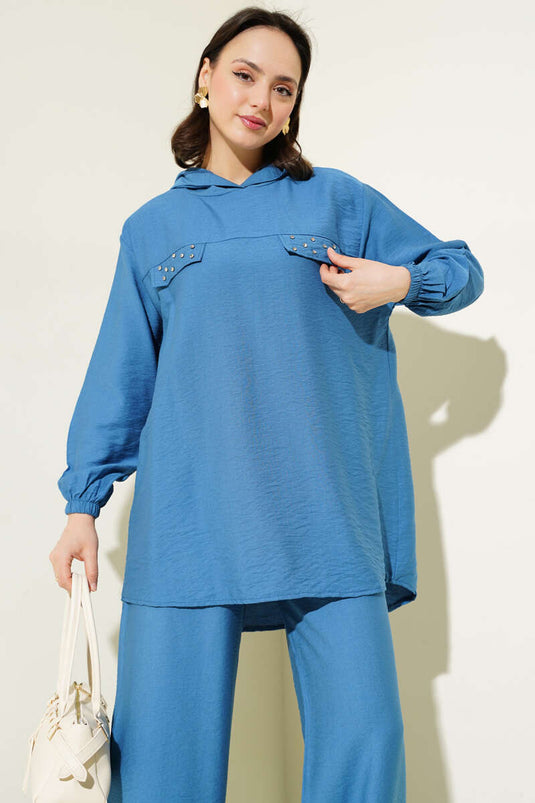 طقم ثنائي من التونيك بجيب حجري وغطاء باللون النيلي