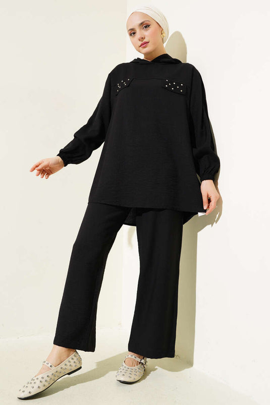 Taş Cep Kapaklı Tunik İkili Takım Siyah