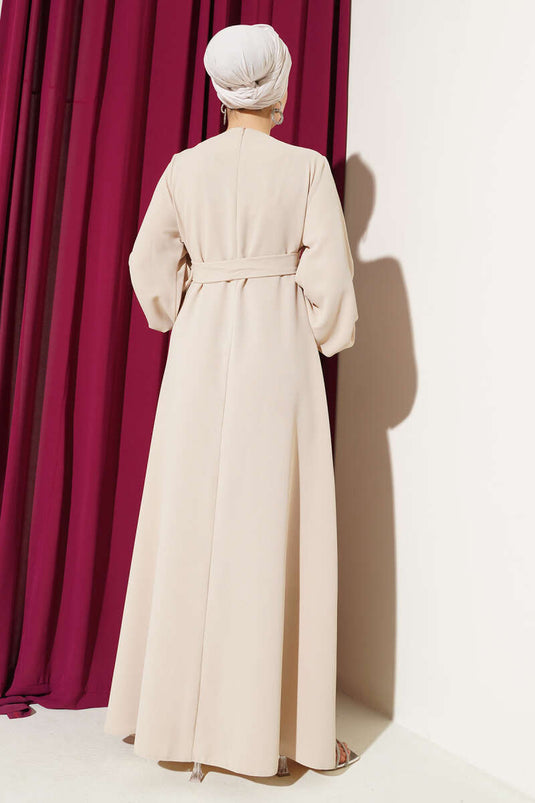 Beige Evening Dress with Stone Flower Embellishments