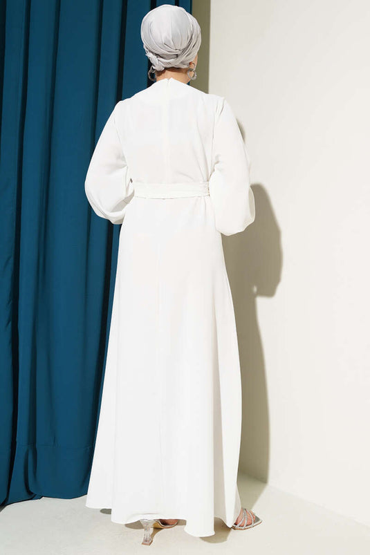 White Evening Dress with Stone Flower Embellishments